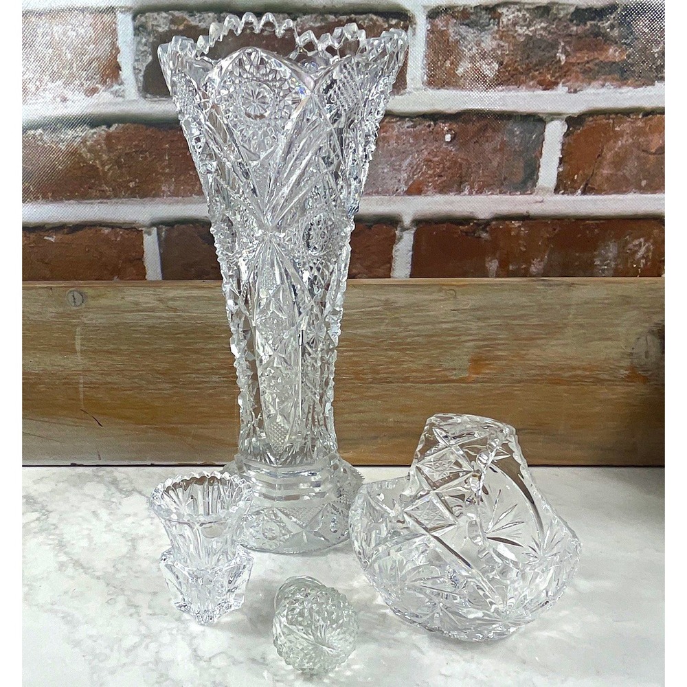 Unmarked Clear Cut Glass Vase w/ Matching Basket Cup Dish β Decorative 10.5"